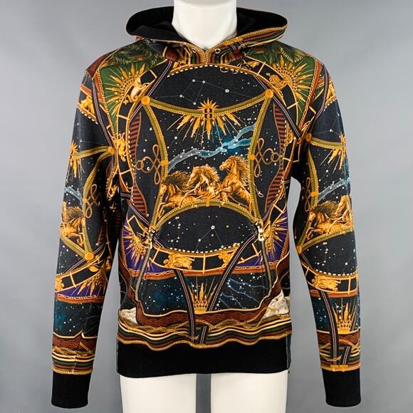 Size M Black Zodiac Horse Print Multi Color Astrology Cotton Hooded Sweatshirt - Picture 1 of 10